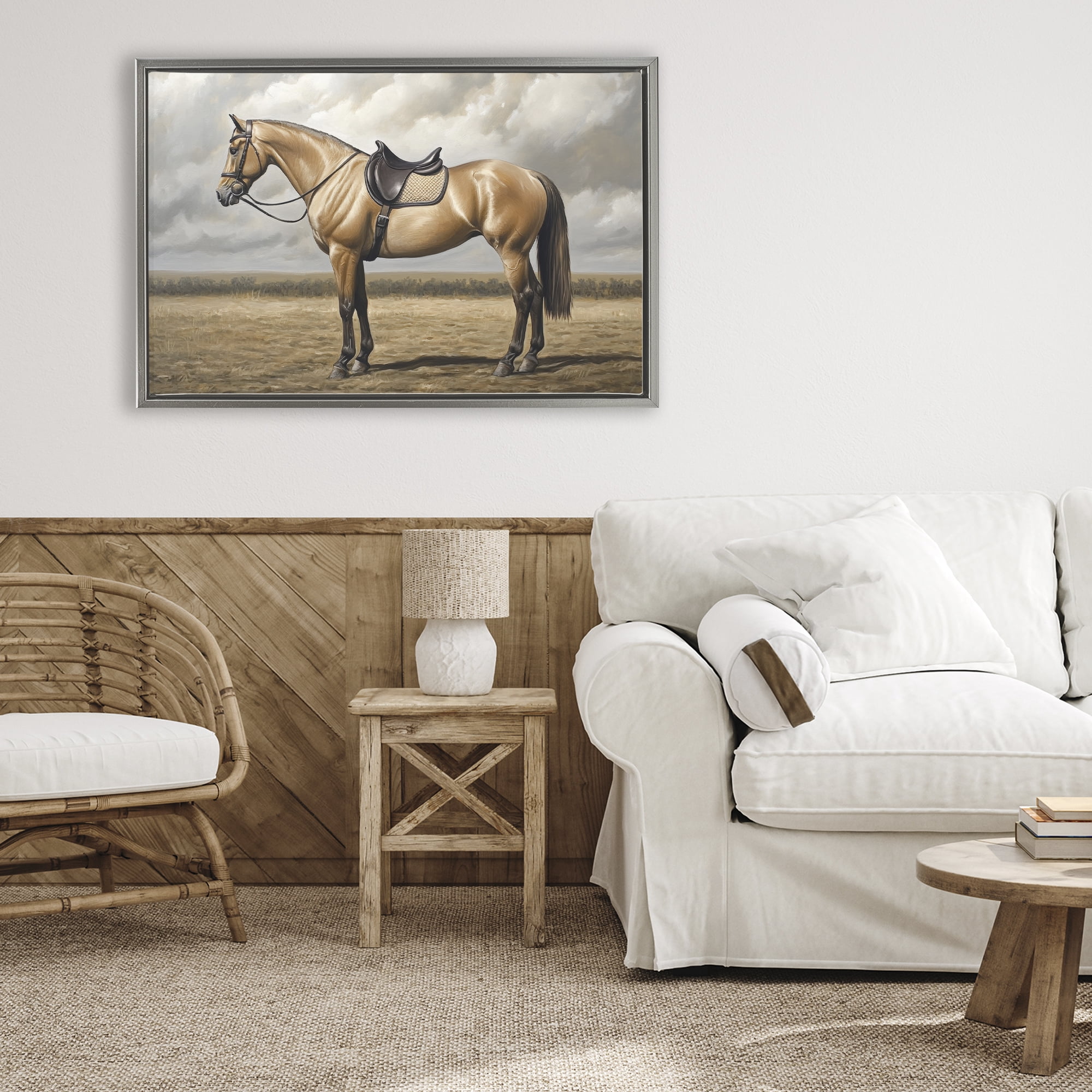 Stupell Industries Shiny Mare Saddled Up Gray Framed Floater Canvas Wall Art, design by Petal Prints Design