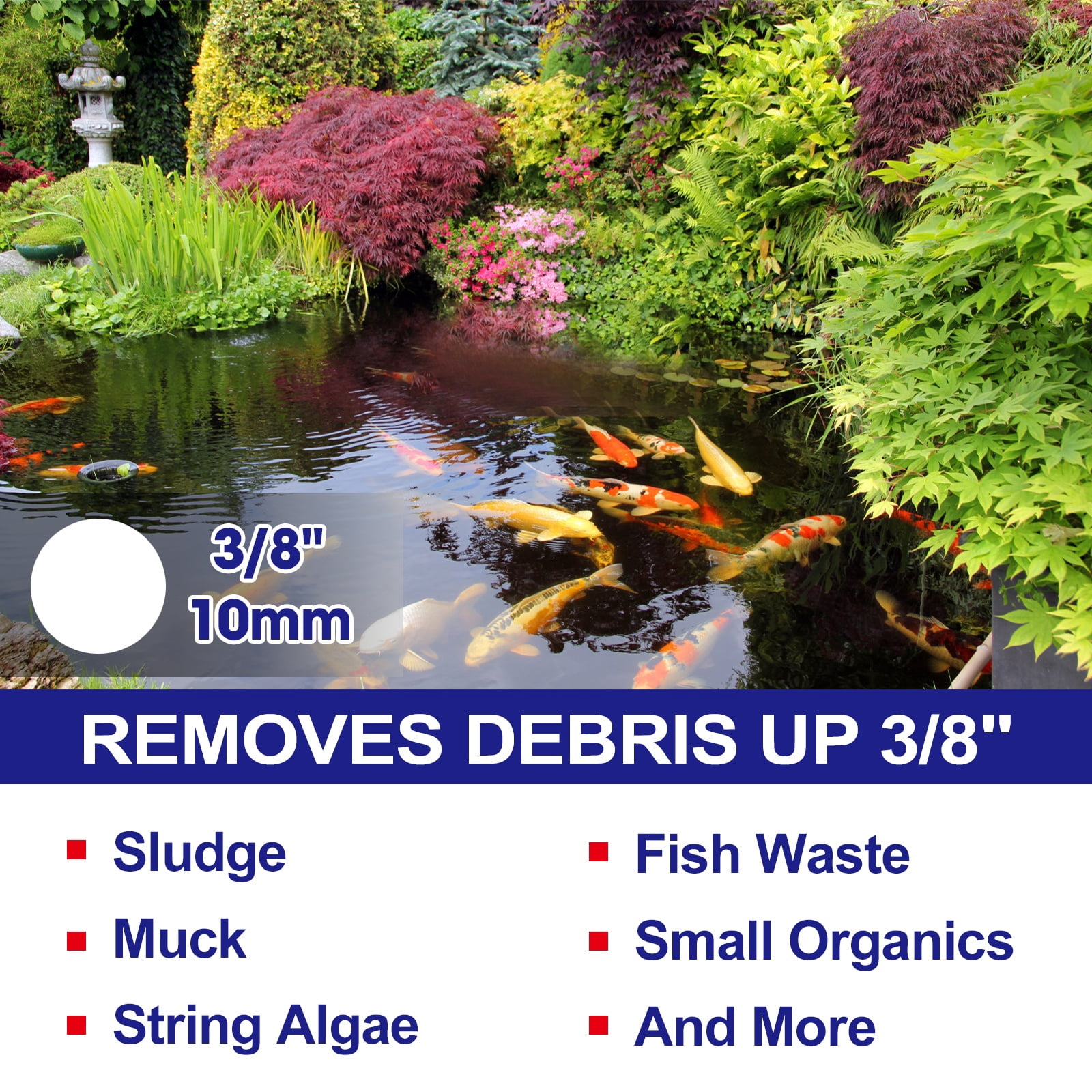Pond Vacuum Cleaner with 14ft Hose, 1400W Powerful Muck Remover, 3 Nozzles & Debris Bag for Garden Ponds up to 3ft Deep, Continuous Drain System