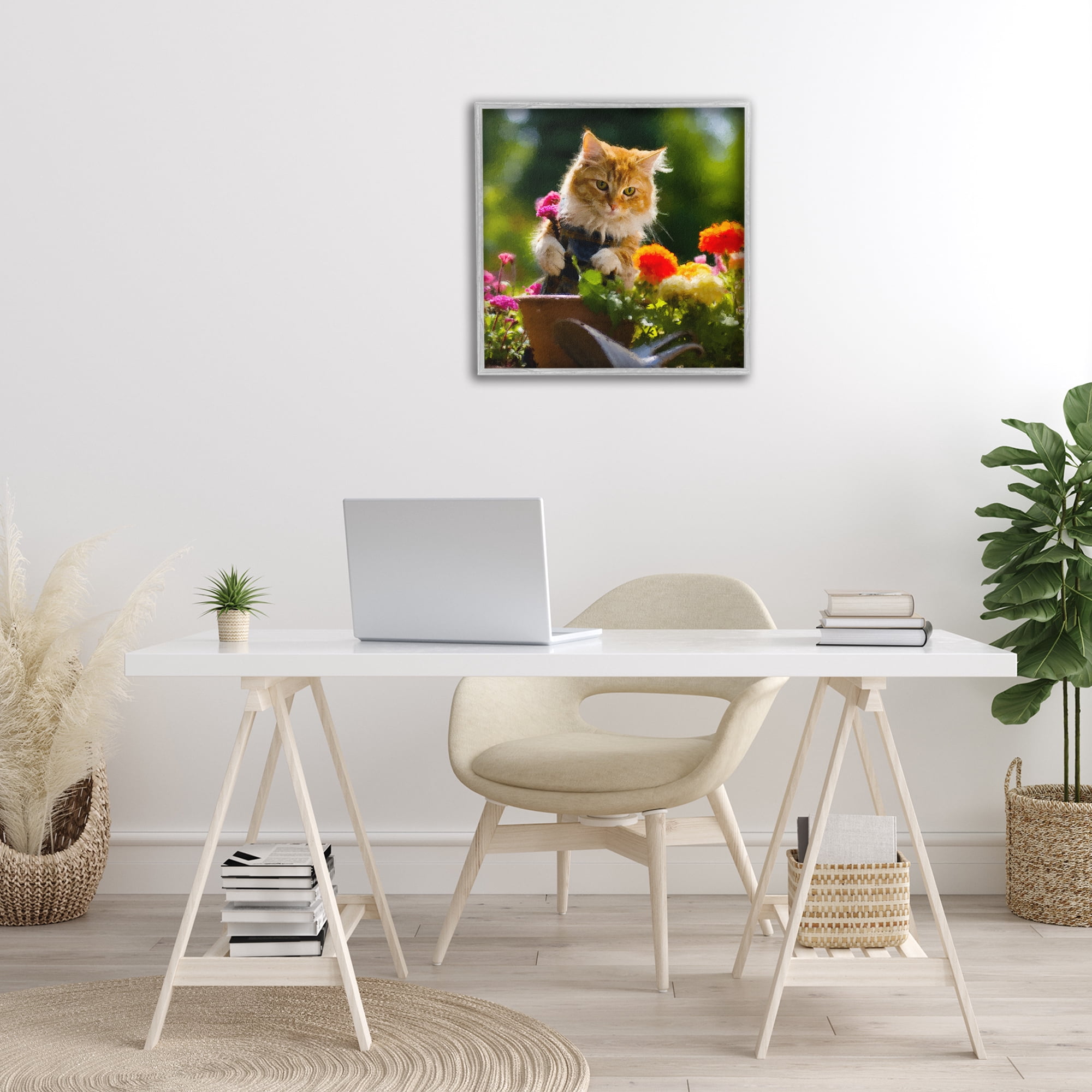 Stupell Industries Spring Gardener Kitten Animals & Insects Painting Gray Framed Art Print Wall Art, 24 x 24