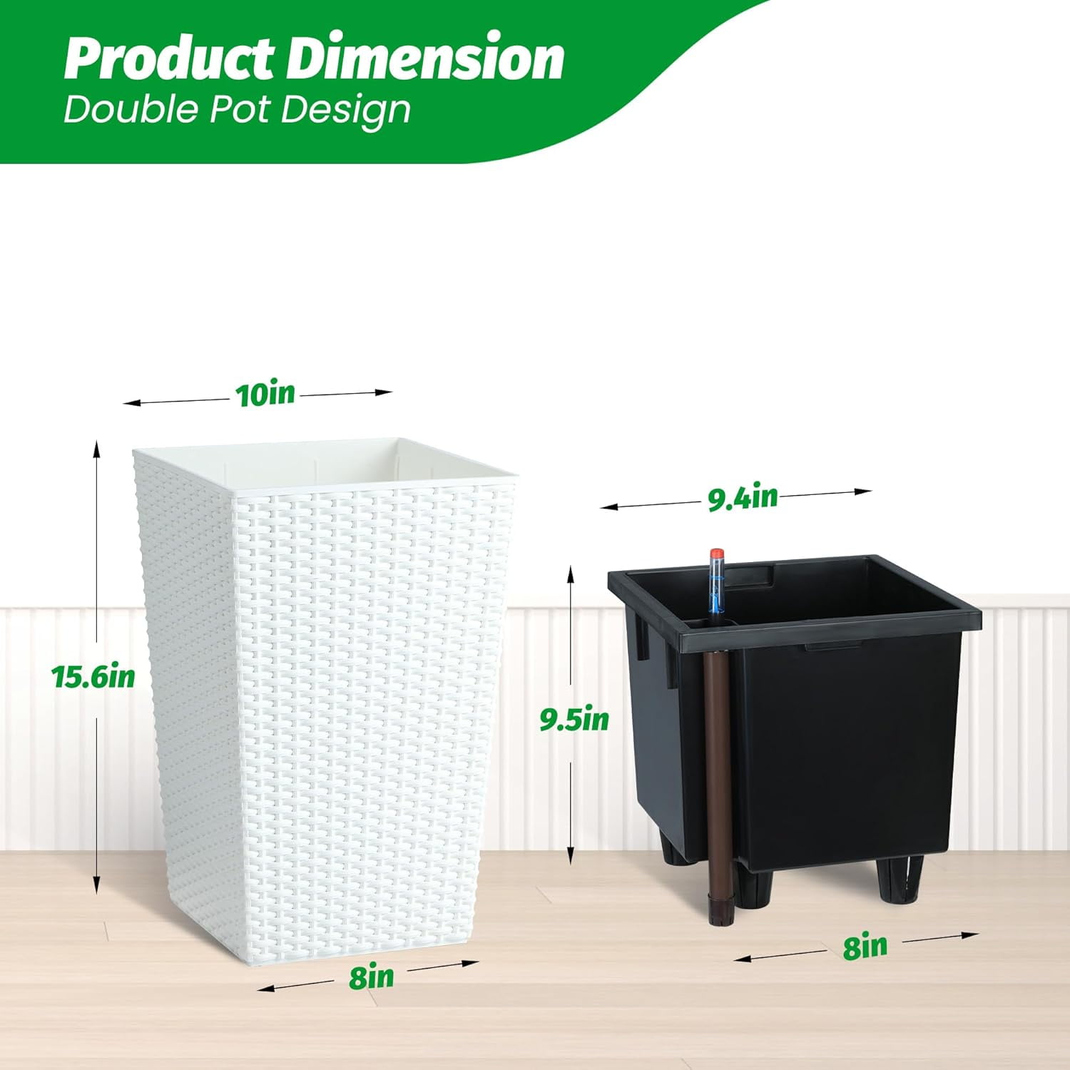 Garvee 15.6" Tall Planter Pots Set of 2, Rattan style, Tray & Water Level Monitor, White