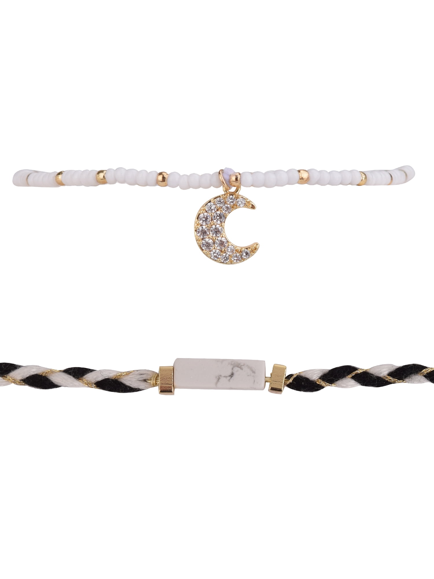 Believe by Brilliance Adult Female 14KT Gold Flash Plated 4pc Moon and Star Cubic Zirconia and Genuine Stone Adjustable Bracelet Set