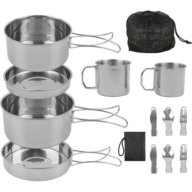 Portable Outdoor Camping Cookware Set Piece Stainless Steel Cookware Set with Pot Pan & Kettle for Backing Hiking Travel Person Mess Kit with Utensils