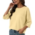 thumbnail image 2 of thefmos Women's Fall Winter 3/4 Sleeve Crewneck Knitted Pullover Tops Solid Loose Casual Basic Tops Cozy Fashion Clothes, Yellow S, 2 of 7