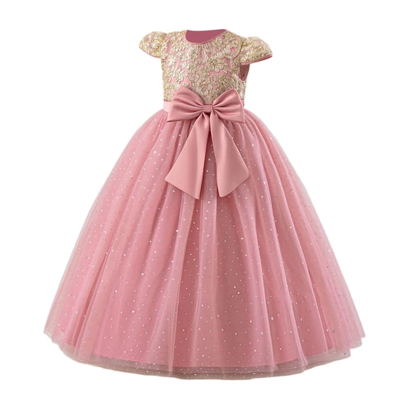 MEZZALL Dresses Girls Dress With Embroidery Flutter Sleeves Tutu Party Gown Birthday Celebration And Elegant Bow Formal Attire Adorable Kids Crew Neck Solid Color Child Sundress