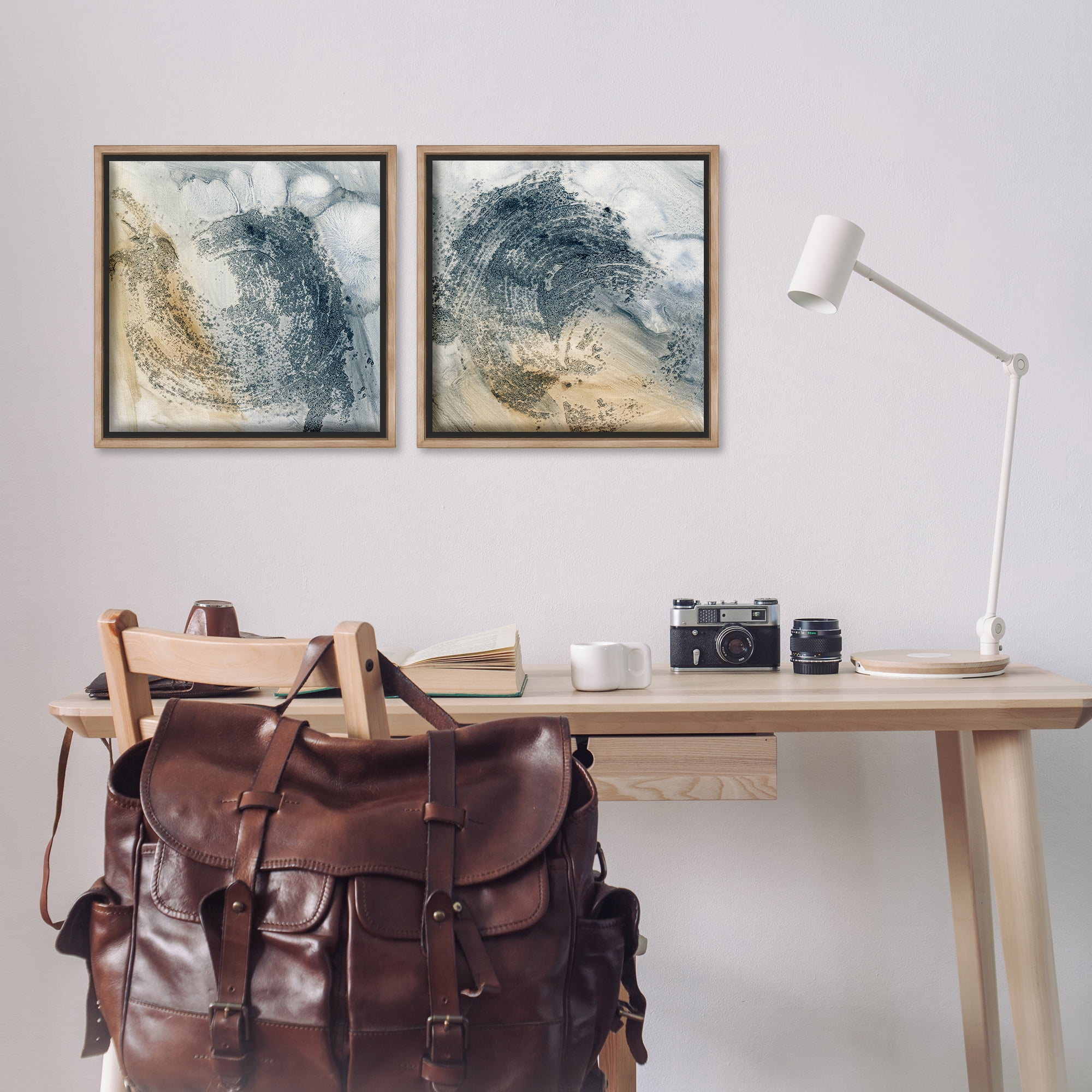 Stupell Industries Abstract Beige Blue Wave Abstract Painting Brown Floater Framed Canvas Art Print Wall Art, 18 x 18, Set of 2