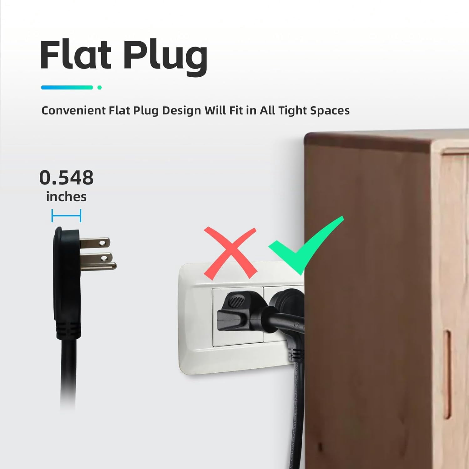 Low Profile 6 Ft Flat Plug Extension Cord - 16 AWG 3 Prong Grounded Cable with 3 Outlets, Perfect for Indoor Use, Black, UL Listed