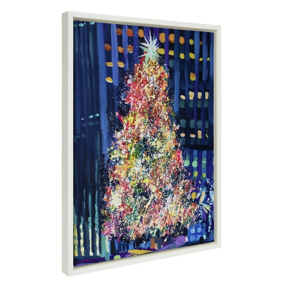 Kate and Laurel Sylvie Rockefeller Center Tree Framed Canvas Wall Art by Rachel Christopoulos, 18x24 White, New York Christmas Tree Art for Wall