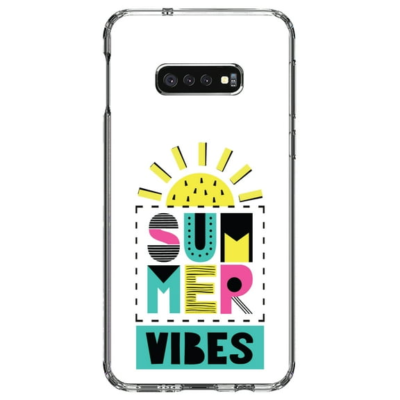 DistinctInk Clear Shockproof Hybrid Case for Samsung Galaxy S10e (5.8" Screen) - TPU Bumper, Acrylic Back, Tempered Glass Screen Protector - Summer Graphics - Summer Vibes Teal yellow Pink