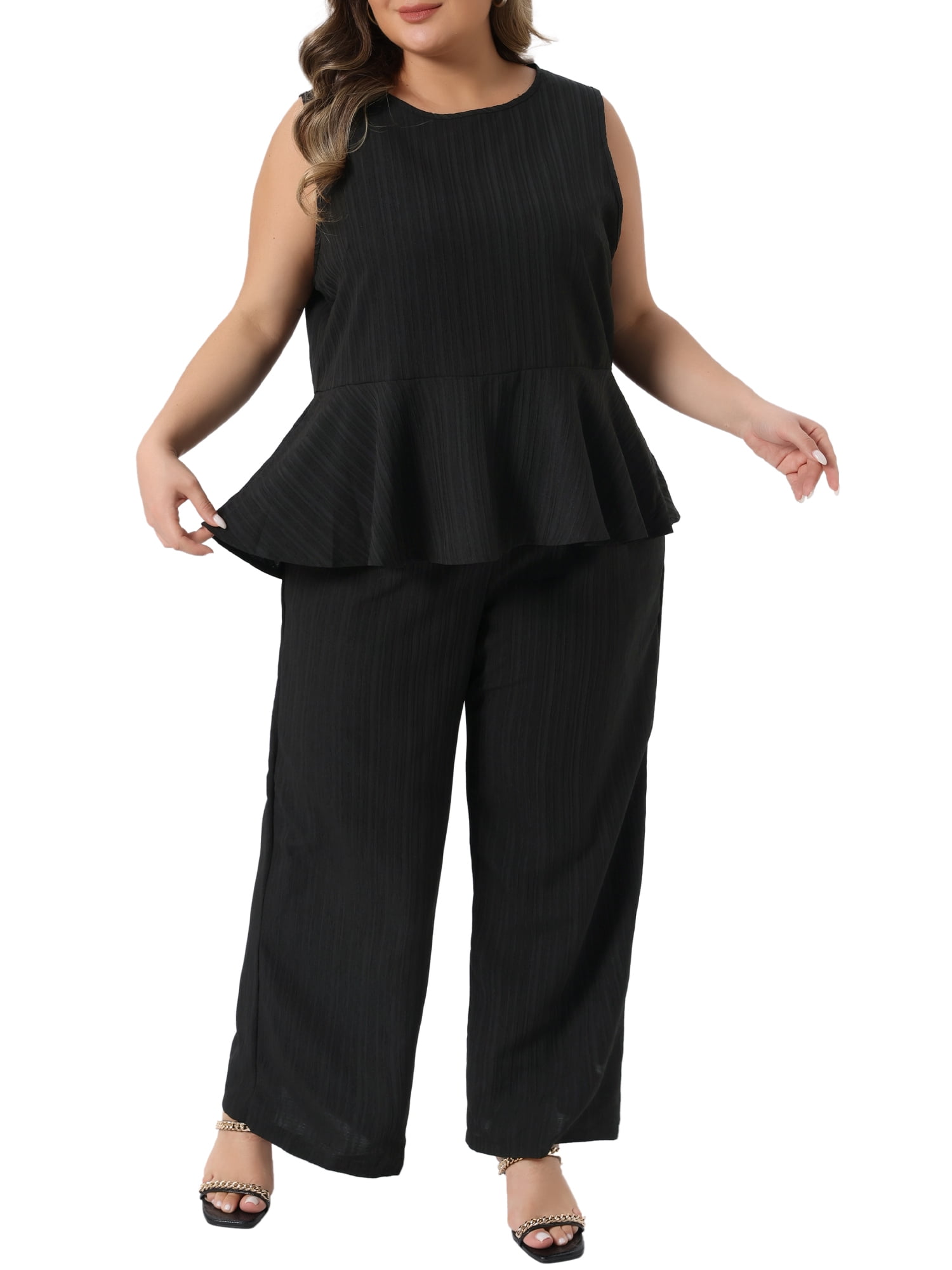 DARING DIVA Women's Plus 2 Piece Outfits Round Neck Peplum Ruffle Tank Tops 3X Black