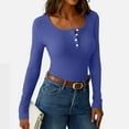 thumbnail image 6 of WTOBBY Women's Solid Color U-Neck Pullover Long Sleeve Slim Fit Top, Casual Layering Tee with Button Accent, Comfort Stretch Fabric for Base Wear,Blue L, 6 of 6