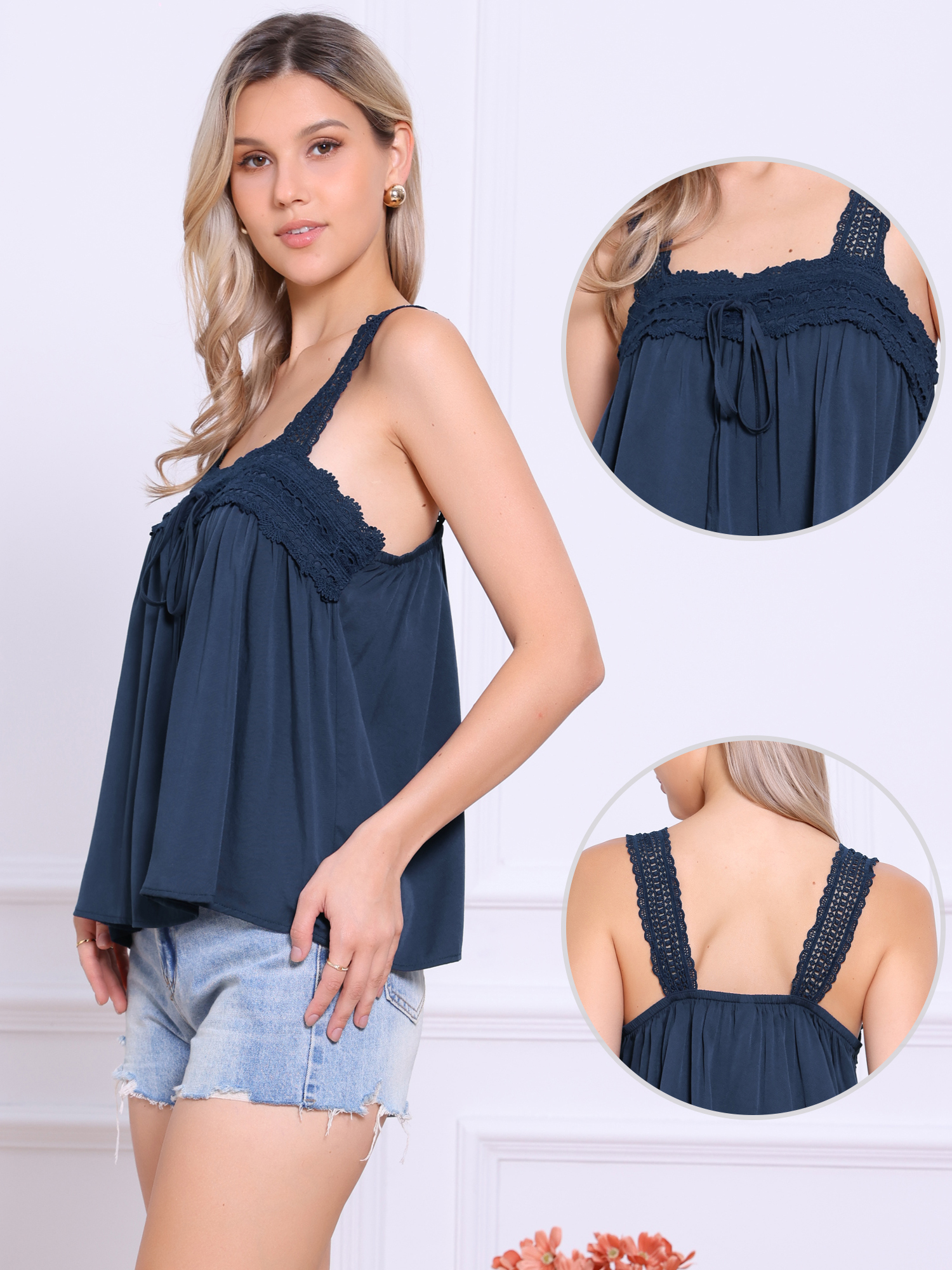 DARING DIVA Women's Square Neck Panel Lace Ruffles Tank Tops L Dark Blue