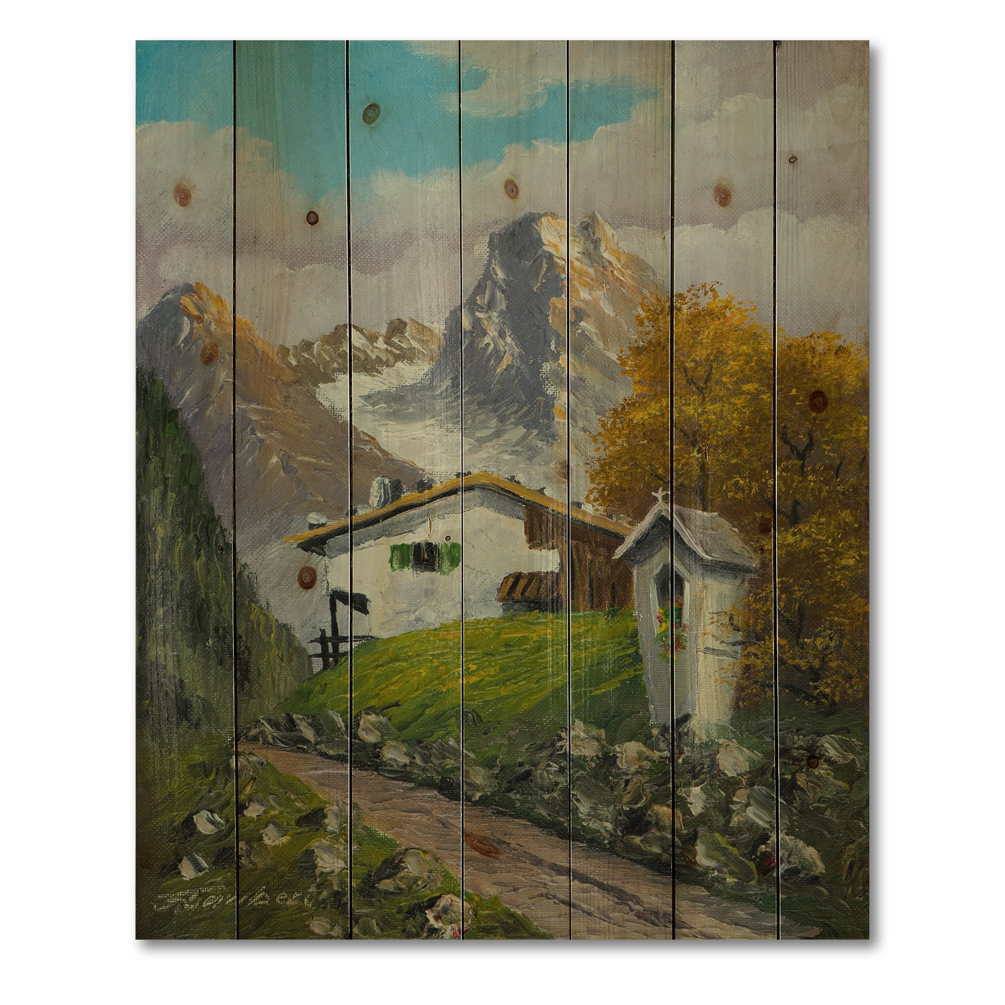 Designart 'The Path Leading To A House Along Wayside Shrine' Farmhouse Print on Natural Pine Wood