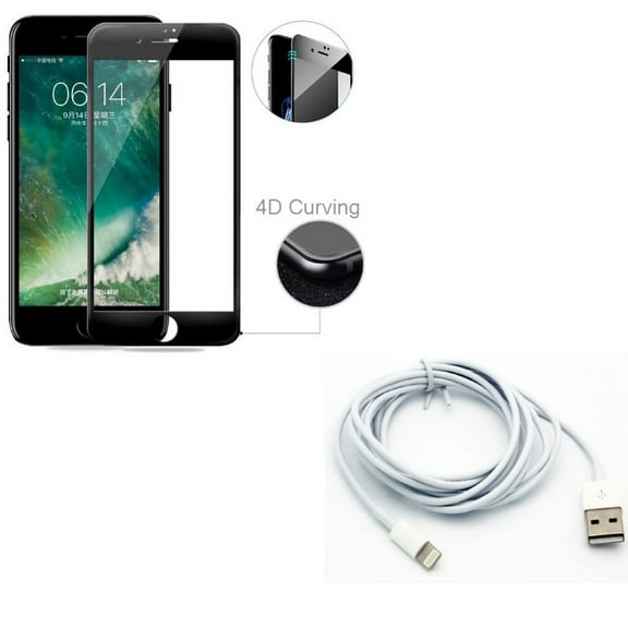 iPhone 8/7/6S/6 - Charger Cord 6ft USB Cable w Tempered Glass Screen Protector - Power Wire Long Sync Fast Charge, 4D Touch Curved Edge Full Cover Bubble Free Case Friendly for iPhone 8/7/6S/6