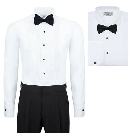 Boltini Italy Men’s Premium Tuxedo Lay Down Collar Dress Shirt with Bow Tie (XL - Sleeve: