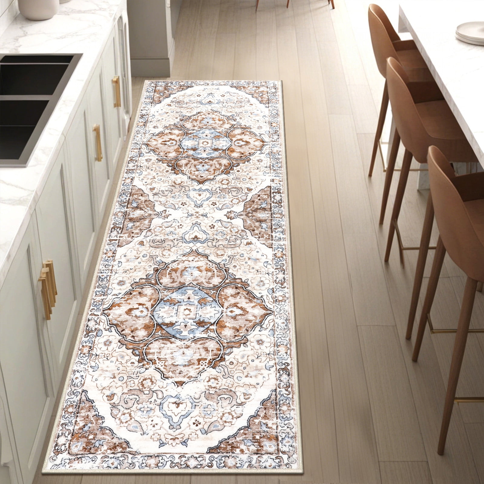 MeyJey Boho Indoor Hallway Runner Rug 2'x6', Oriental Non Slip Machine Washable Area Rug Distressed Vintage Floor Carpet for Bedroom Kitchen Dinning/Living/Laundry Room, Beige/Brown