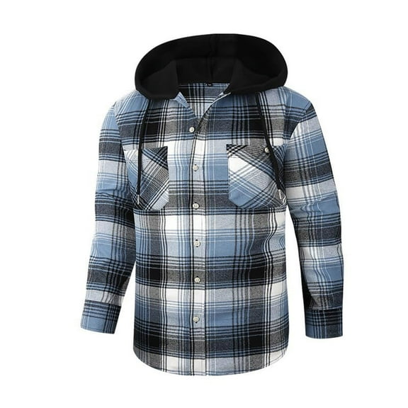 Mens Plaid Shirt Button-Up Long Sleeve Hoodie Spring Stylish Shirt Jackets Classic Checkered Shacket with Pocket OIOLOYJM Light Blue 3XL