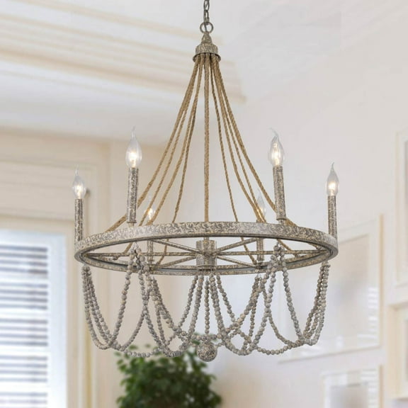 LNC 6-Light French Country Hand-made Distressed rustic Gray Wood Beaded Empire Shade Chandelier