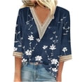 thumbnail image 2 of Blmnix V-Neck Graphic Tees for Women Trendy Navy Small Flower Print Womens Sexy Tops Lace Long Sleeve Tops, 2 of 5