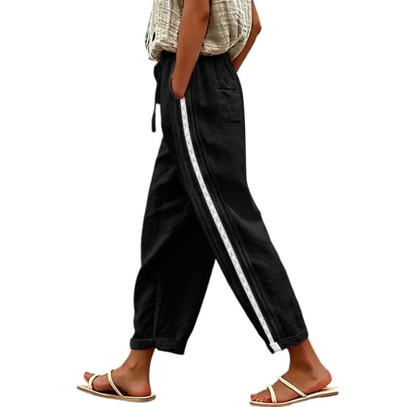 Admvng Women's Linen Pants with Pockets Drawstring Waist Lace Side Stripe Wide Leg Casual Summer Pants