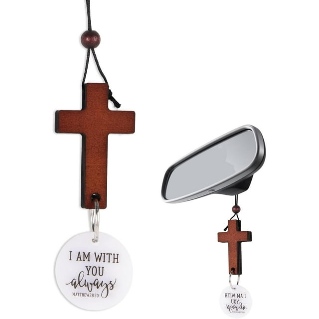 Car Rearview Hanging Cross Ornament, Bible Verse I Am with You Always Beautiful Rear View Mirror Cross Hanging Accessories Christian Pendant Charm for Car Interior Decoration (White)