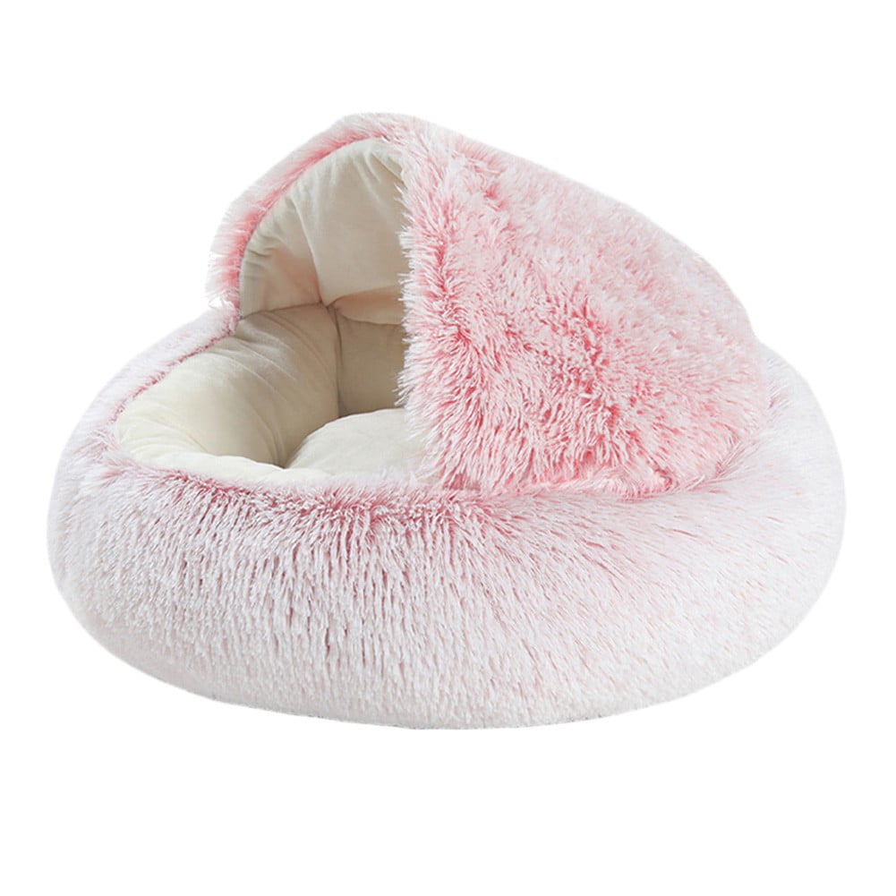 Prettyui Pet Bed Round Soft Plush Burrowing Cave Hooded Cat Bed Donut ...