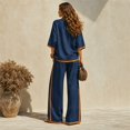 thumbnail image 4 of Szluipve Linen Sets for Women 2 Piece 2 Piece Linen Outfit Contrast Trim 3/4 Sleeve Crew Neck Top & Wide Leg Pants Set Loose Casual Beach Vacation Tracksuit Suit Khaki M, 4 of 7