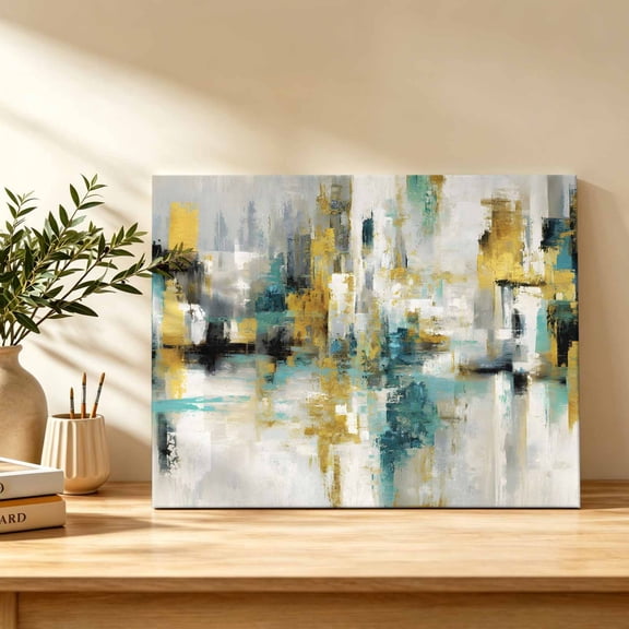 Teal Yellow Blocks Canvas Wall Art, Abstract Oil Painting Architecture Wall Art Prints Artwork Framed Canvas Ready to Hang Art Pictures for Bathroom Bedroom Entry Desk Corner 10" x 8"
