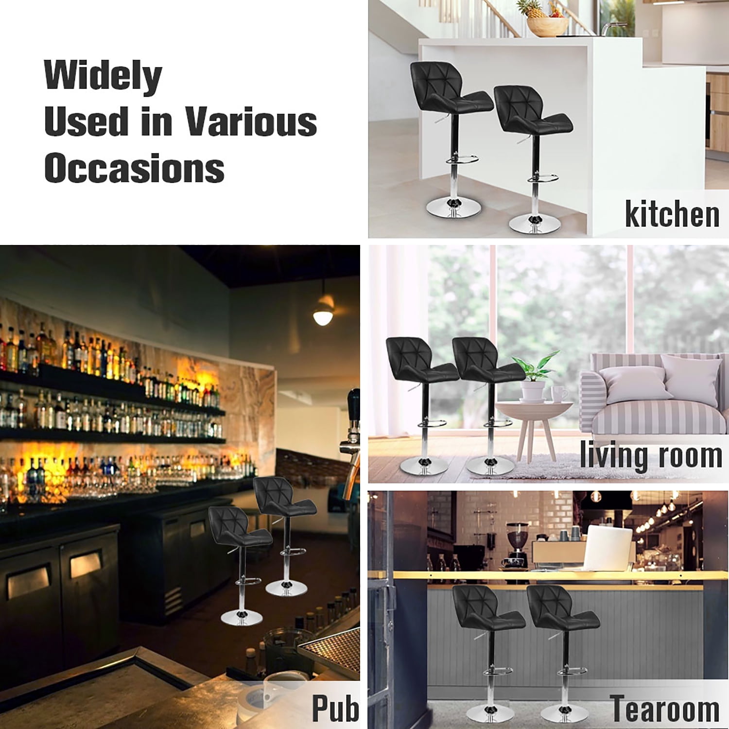 FULLWATT Bar Stools PU Leather Seat with Chrome Base Swivel Dining Chair Barstools, Black, Set of 4