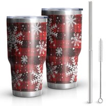 30oz Red and Black Christmas Snowflake Pattern Tumblers Stainless Steel Tumbler with Lid and Straw,Vacuum Insulated Double Wall Travel Tumbler Cups Mug with Cleaning Brush for Coffee,Tea