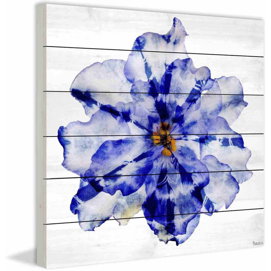 Parvez Taj Blue and White Flower Art Print on White Pine Wood