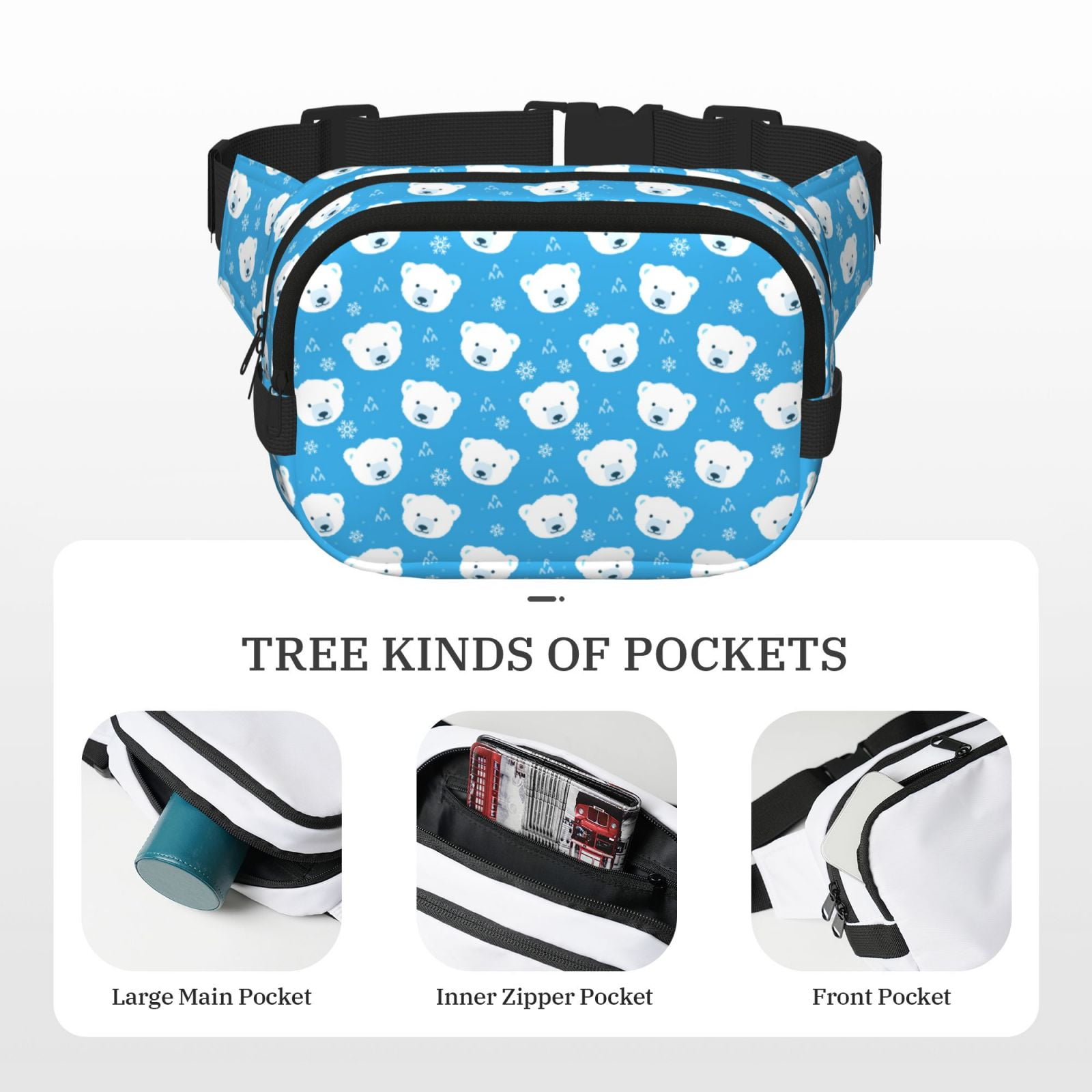 Hirioo Cute Polar Bear for Double Layer Waist Bag Adjustable Fanny Pack For Travel Running Hiking