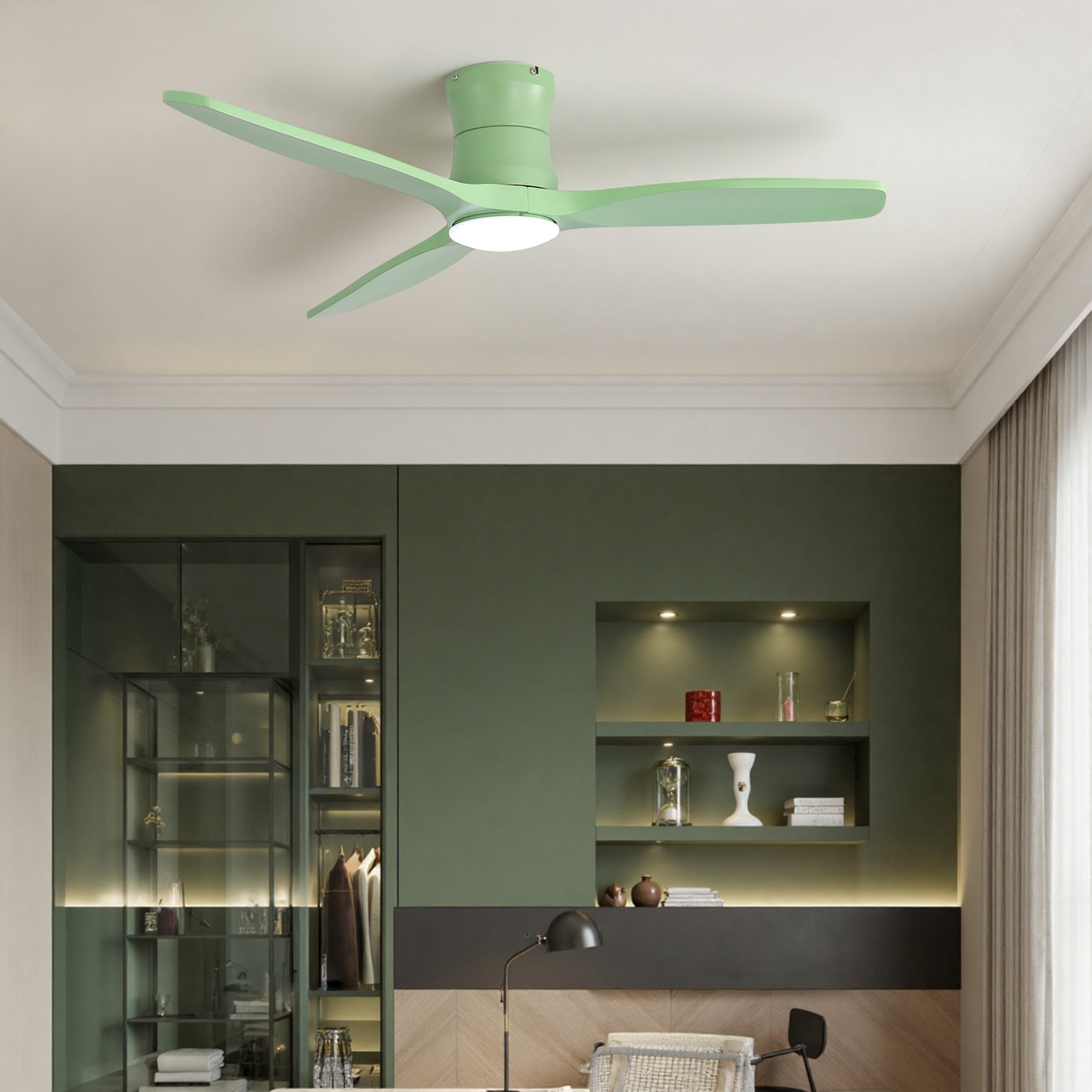 Sofucor 52 Inch Flush Mount Ceiling Fan with Light, Soft Green Finish, 3 Solid Wood Blades, 18W Dimmable 3-Color LED with Memory, 6-Speed Reversible DC Motor, Remote Control, Low Profile Ceiling Fan