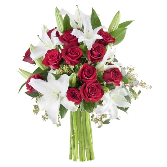 KaBloom : 12 Red Roses, 5 White Oriental Lilies, 6 Ruscus Next-Day Delivery, Gift for Every Occasion.