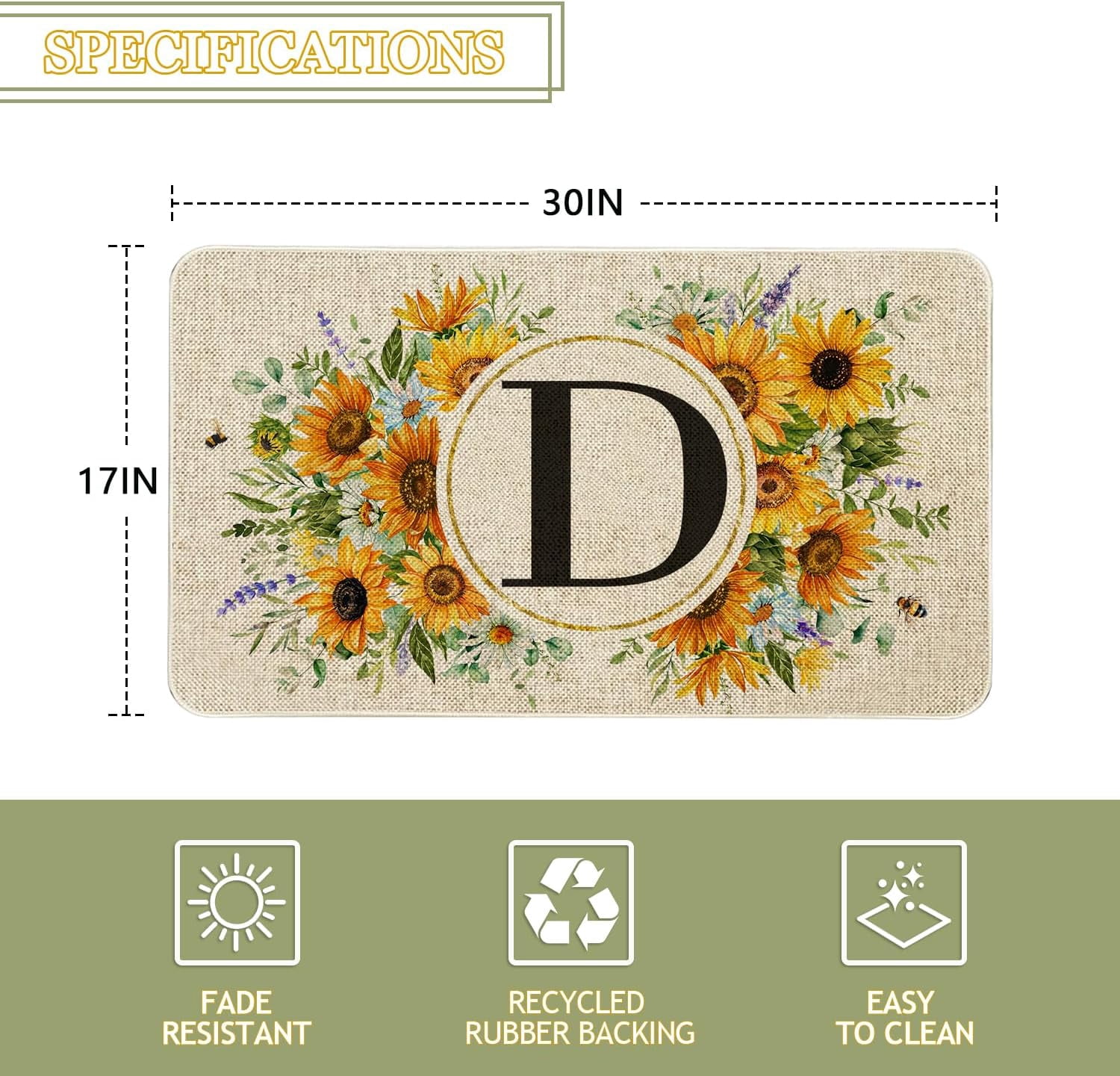 Summer Sunflower Monogram Letter D Door Mat 30 X 17 Inch Family Last Name Initial Welcome Doormat Indoor Outdoor Entrance Floor Rug Non Slip Spring Summer Decor Rubber Mats