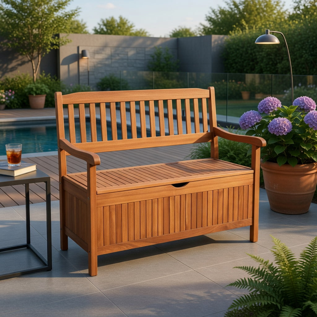 Hommoo 33-Gallon Eucalyptus Wood Outdoor Storage Bench with Liner, Patio, Garden & Porch Seating, Natural