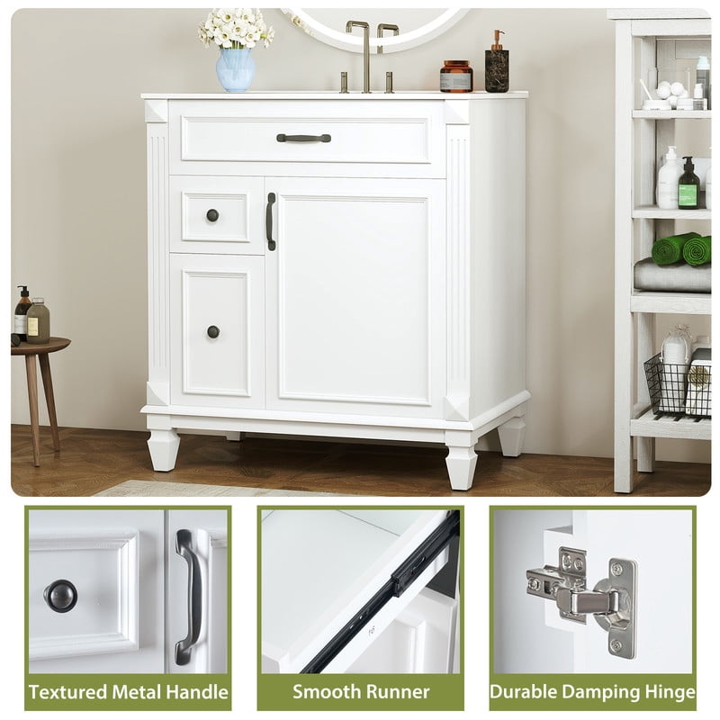 Gianna 30" Bathroom Vanity with Sink, Bathroom Storage Vanity Sink with 1 Door&3 Drawers,Free Standing Bathroom Cabinet with Sink, Easy Assembly, NO Mirror Faucet (White)