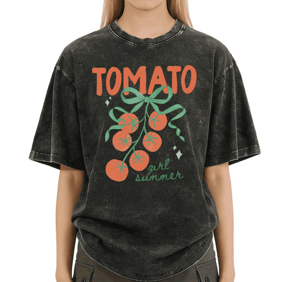 Black Washed S-2XL Tomato Vine Print Tshirt Graphic Tees Shirts Summer Trend Tops