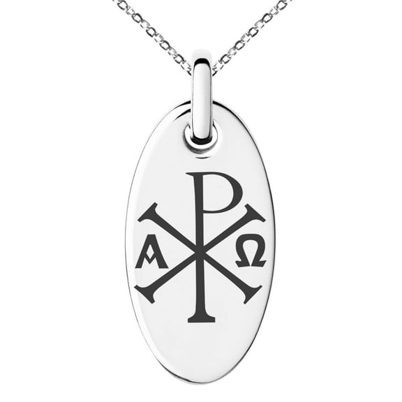 Tioneer Stainless Steel Chi Rho Alpha Omega Symbol Engraved Small Oval Charm Pendant Necklace