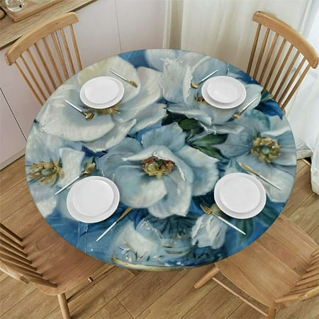 

Autua White Flowers Round Table Cover Stain Resistant Washable Perfect for Indoor Outdoor Kitchen Dining Wedding Parties Picnic Kitchen Farmhouse 100% Polyester Fiber 54 -58