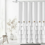 Seasonwood Farmhouse Ruffle Shower Curtain with Buttons and 12 Hooks for Bathroom, White, 72 x 72