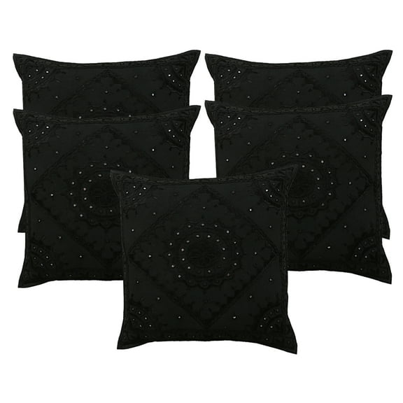 Stylo Culture Indian Sofa Throw Pillow Covers 60 x 60 cm Hand Embroidered Black Bohemian 24 x 24 Big Home Decor Cotton Mirrored Square Cushion Covers | Set Of 5