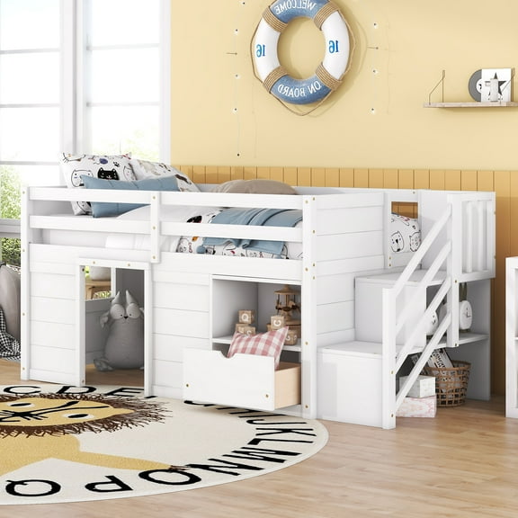 CoSoTower Twin Bed, Solid Wood Twin Size Low Loft Bed with Stair, Drawer, and Shelf of White Color