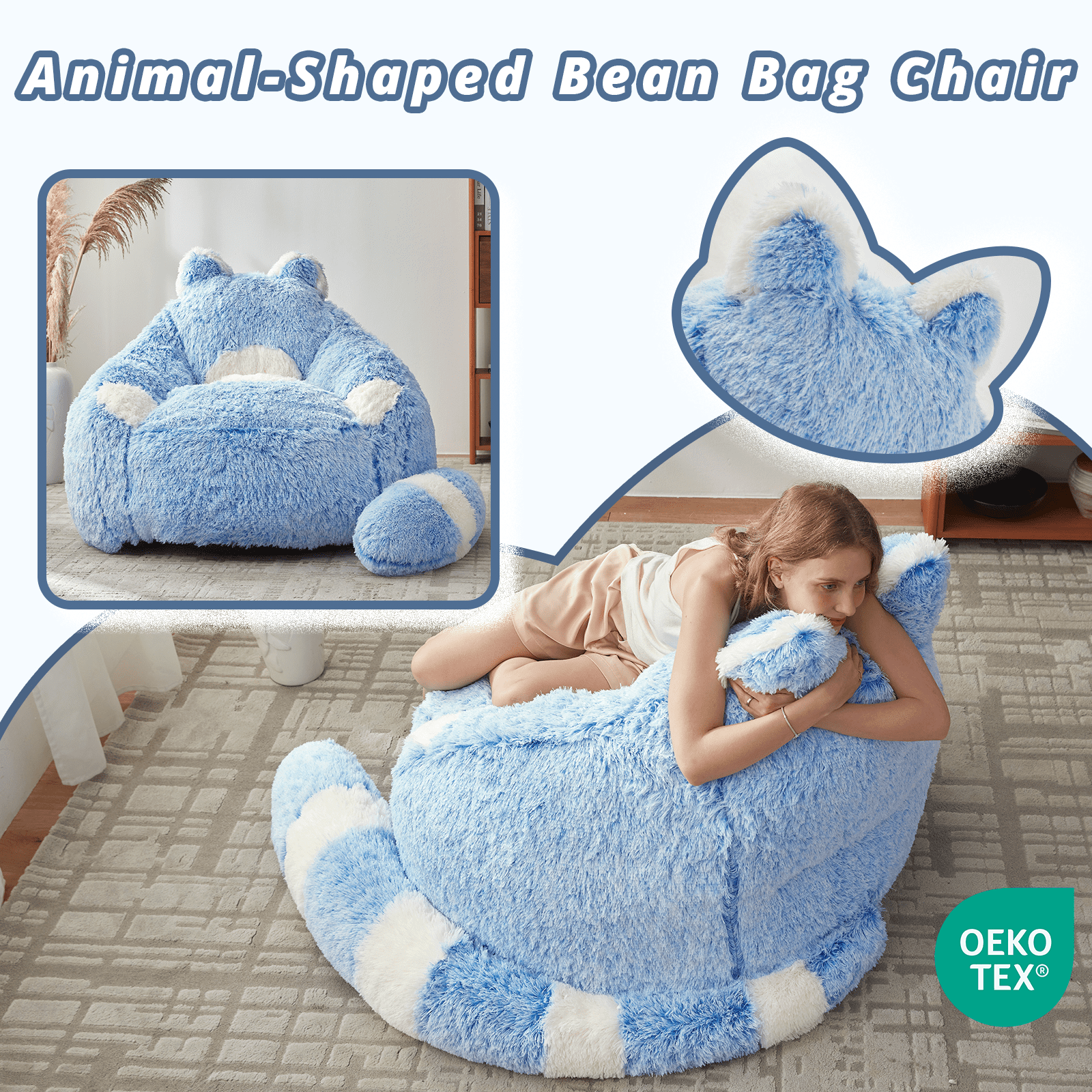 Ebenchico 3.7ft Raccoon Shaped Bean Bag Chair for Adults Teens Kids, Large Beanbag Chairs for Reading Gaming Relaxing, Blue