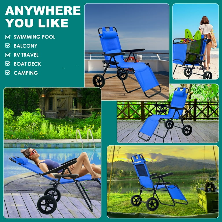 Slsy Folding Beach Cart Chairs with 10 Wheels Folding Beach Chair with 5 Positions 2 in 1 Beach Chair Wagon Cart Combo with Large Wheels for