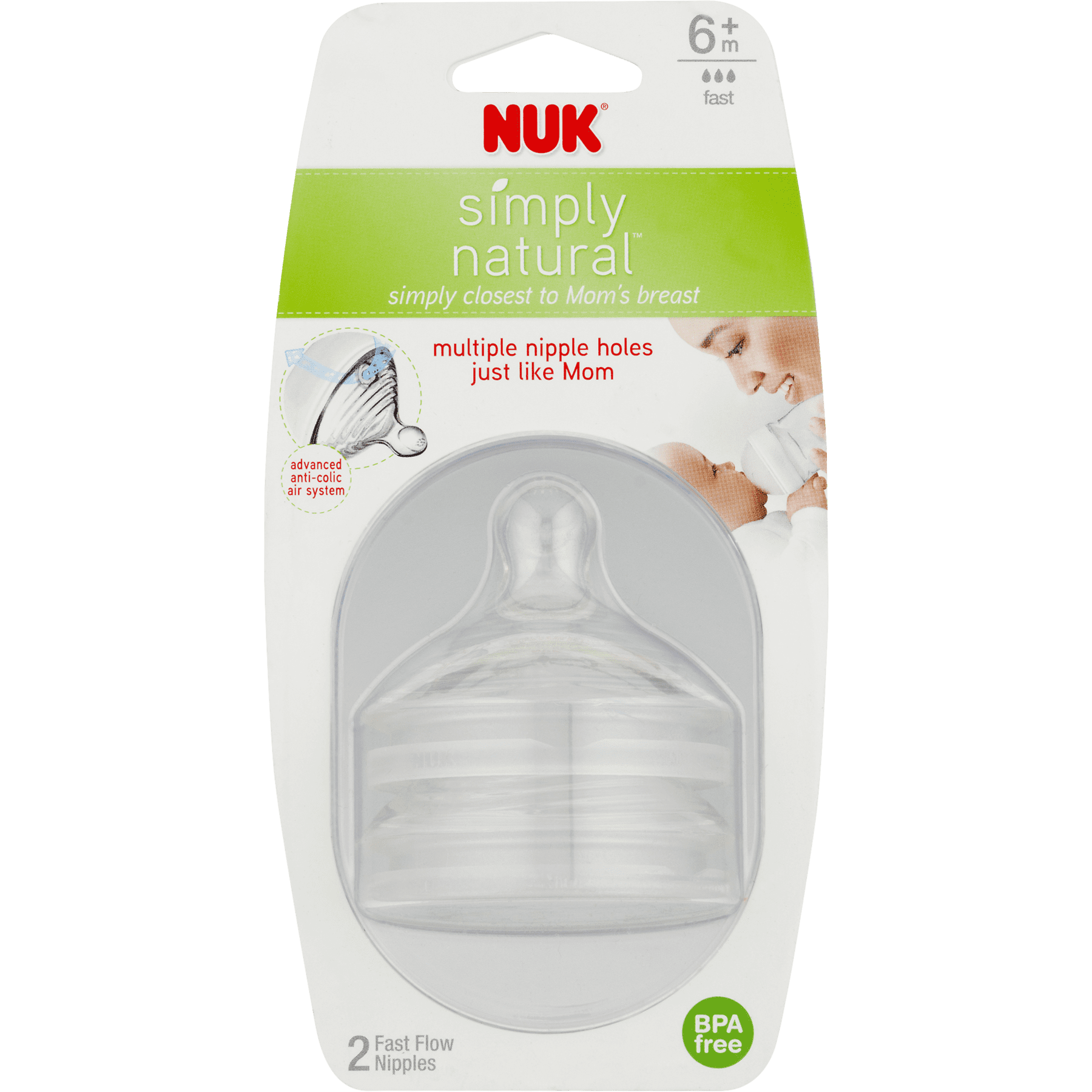 Pack of 2 NUK Perfect Fit Nipples 6+months Fast Flow 2 ea 