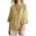 thumbnail image 2 of Xdegoge Linen Blouse for Women Henley V Neck Three Quarter Bell Sleeve Professional Work Office Dressy Vibe Regular Fit Solid Pintuck Pleated Front Design Smooth Flowy Fabric Summer Spring Tops, 2 of 7