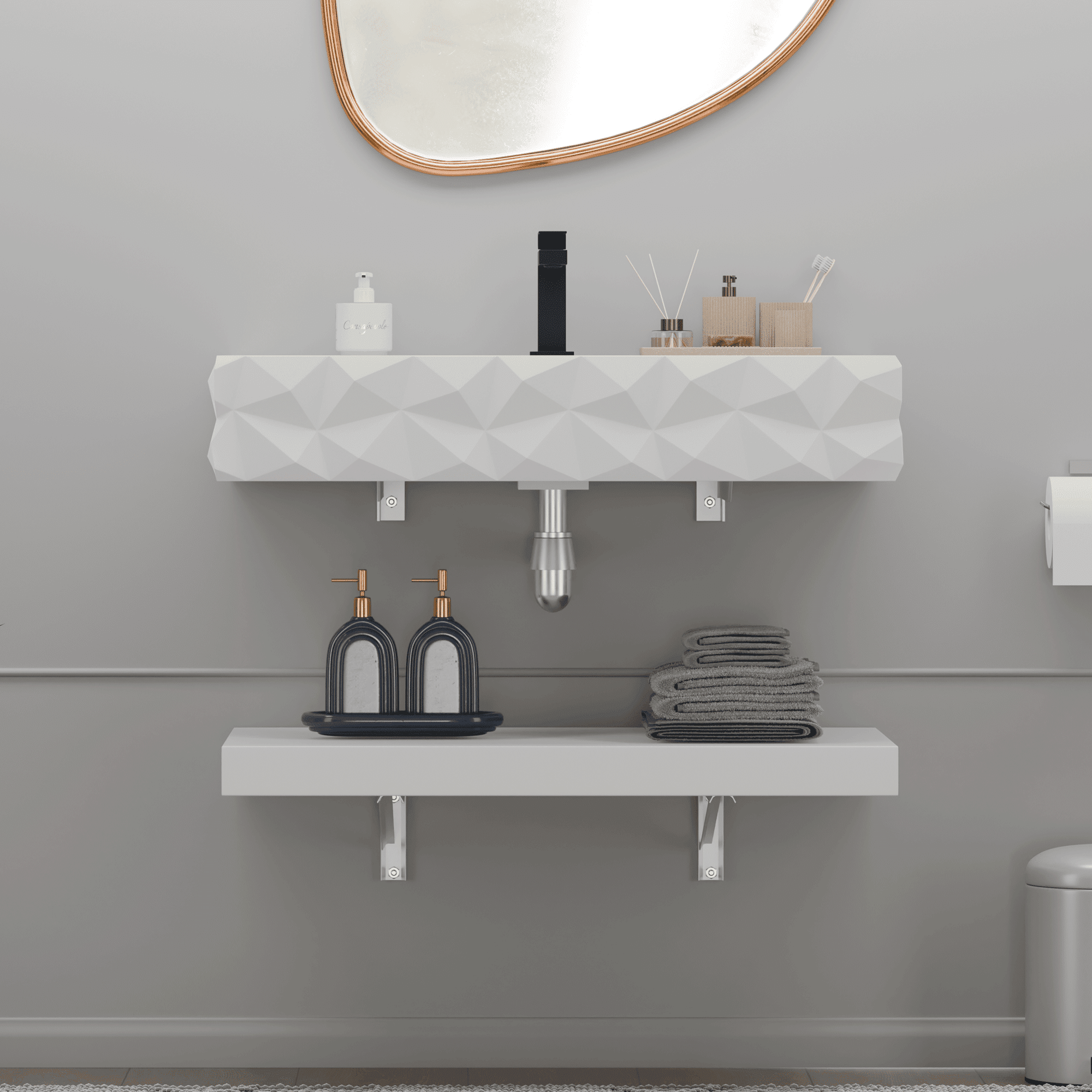 GESIPOR 32"x19" Wall-Mount Stone Resin Bathroom Vessel Sink Rectangular for Bathroom Floating Vanity with Sink Modern Art Basin with Shelf Layer
