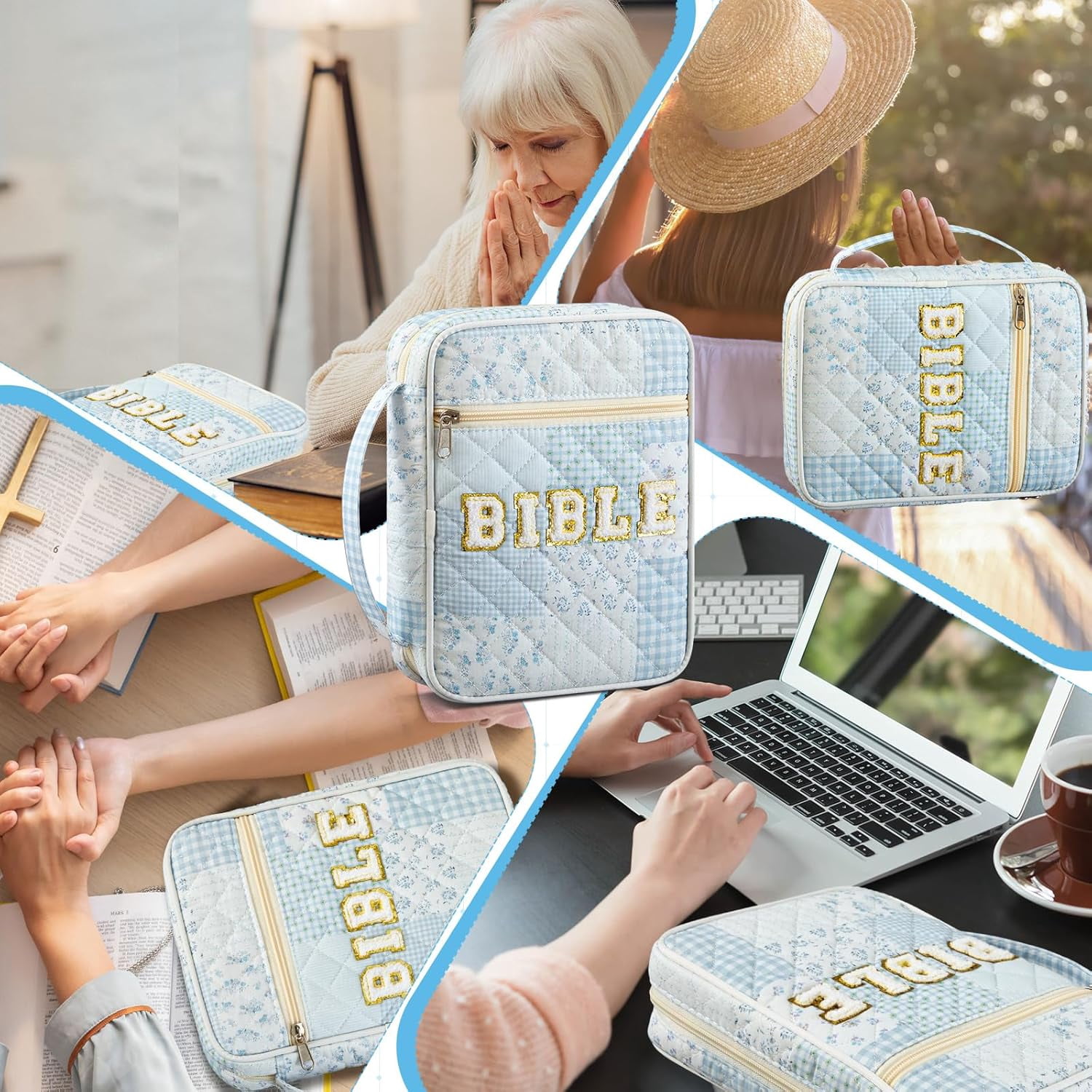Quilted Bible Cover Case for Women Large Carrying Bag Book Tote Bags Bible Bag with Handle Bible Study Supplies Christian Gifts  for Church Religious with Organizer Tabs 6 Colored Pens 6 Highlighters