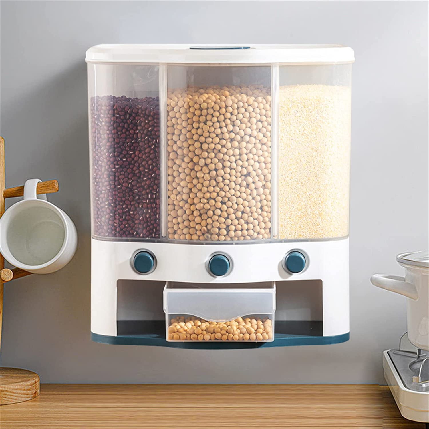 Kitchen Dry Food Storage Wall Mount Triple Canister Rice Snack Cereal Dispenser 