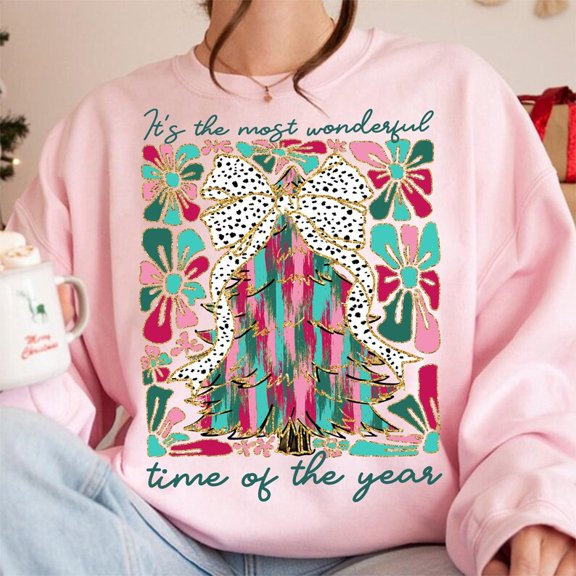 Boho Coquette Christmas Tree Sweater, Floral Glitter Girly Pink Dalmatians Christmas Sweatshirt